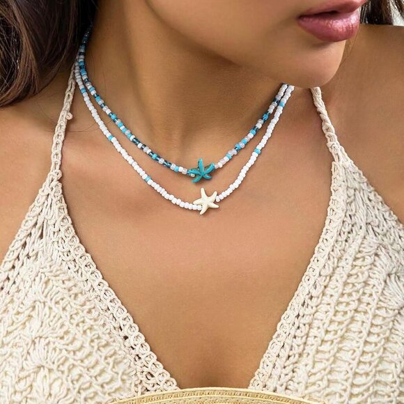 Bohemian Beaded Necklace for Women Layered Choker with Blue Starfish Pendant - Picture 3 of 6